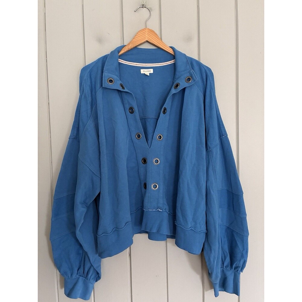 Pilcro Anthropologie Blue Top XL Cropped Sweatshirt Grommets Oversized Cotton